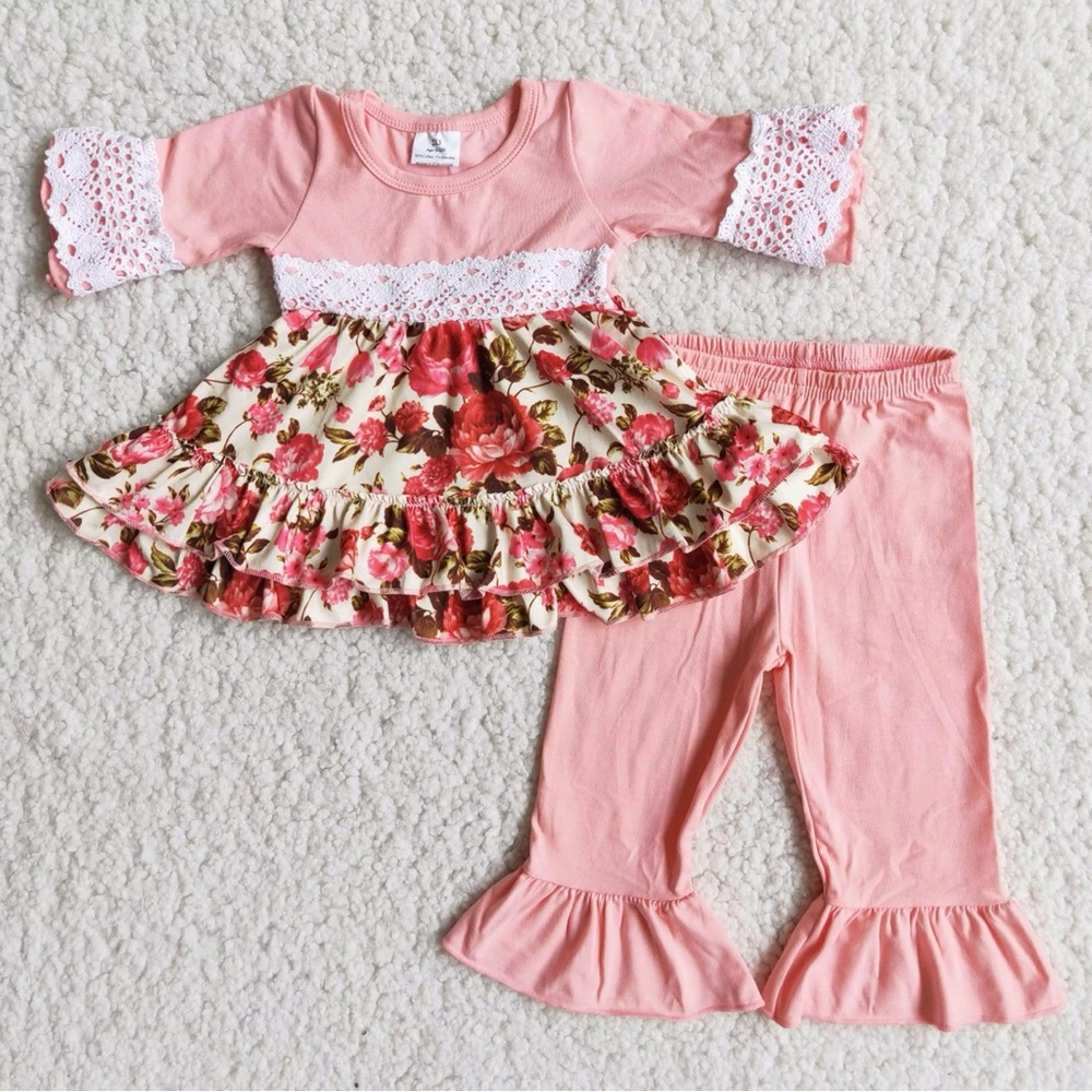 Pink Floral Baby Outfit with Lace Details Easter outfit set
